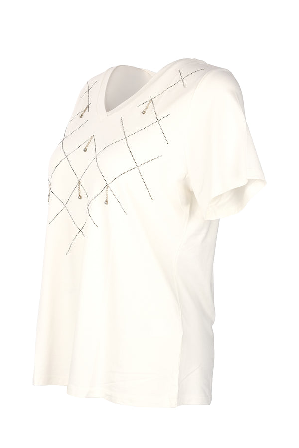 Vedi-bb Minimalist V Yaka Taş Detaylı Kadın T-Shirt - Kısa Kol
