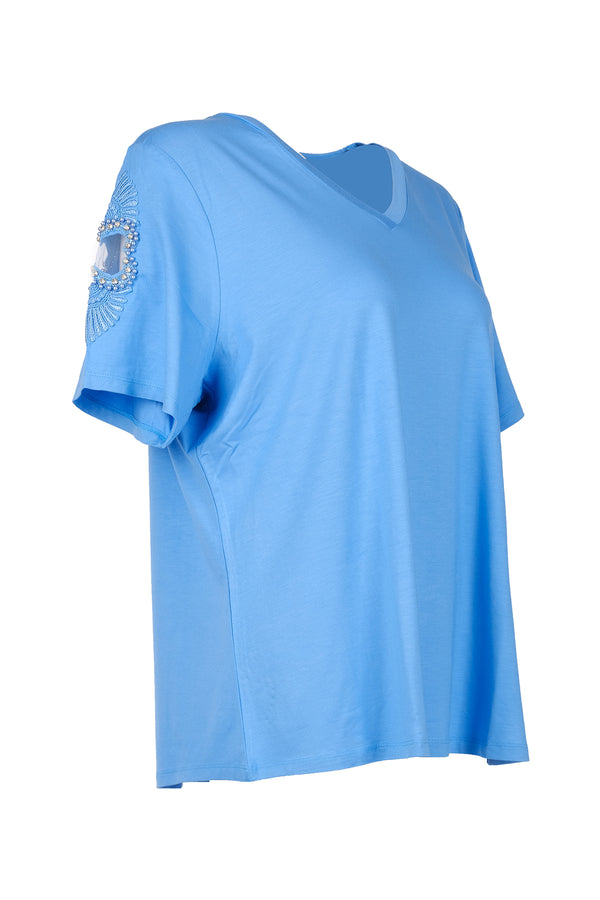 Vedi-bb Oversize V Yaka Kısa Kol Dekoratif Kadın T-Shirt