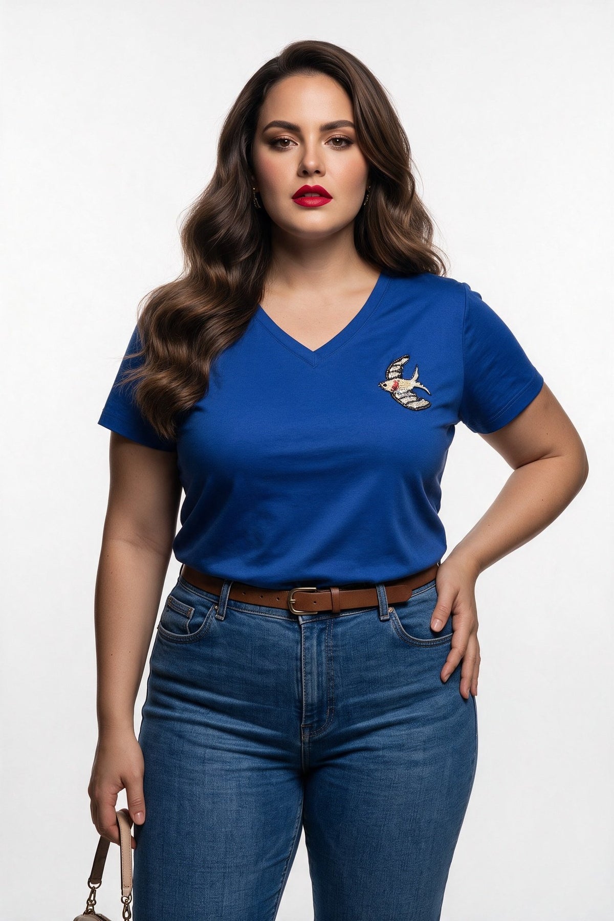 Vedi-bb Kadın Büyük Beden V Yaka Kısa Kol Pamuklu Kuş İşlemeli T-Shirt Main image