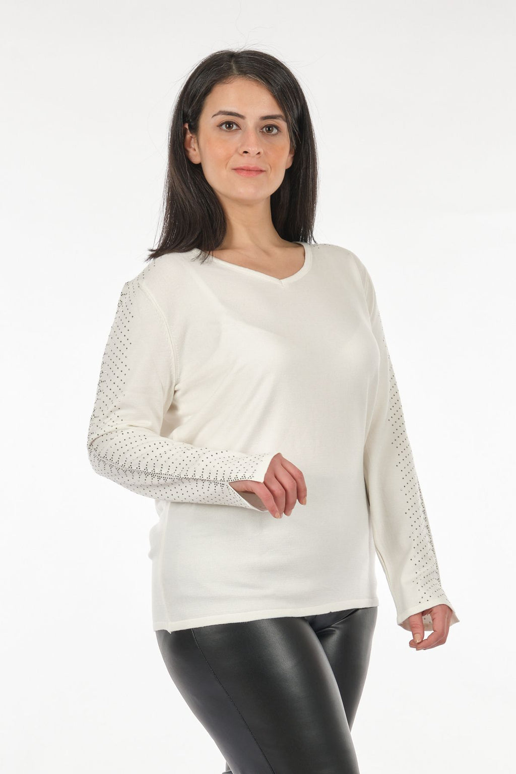 Vedi-bb Minimalist Taş Detaylı Uzun Kol V Yaka Kadın Triko