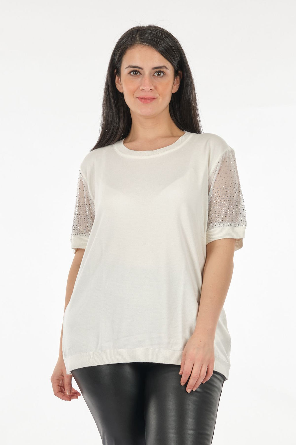Vedi-bb Oversize Kısa Kol Taş Detaylı Minimalist Kadın Triko