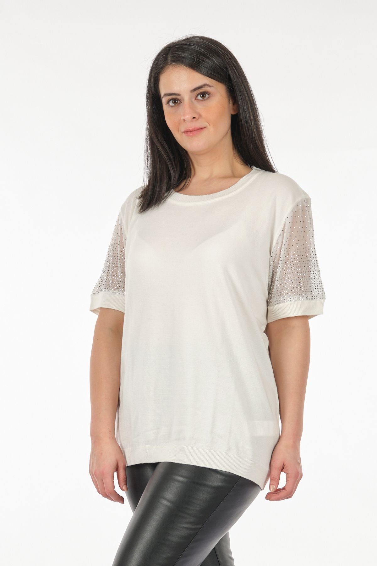 Vedi-bb Oversize Kısa Kol Taş Detaylı Minimalist Kadın Triko