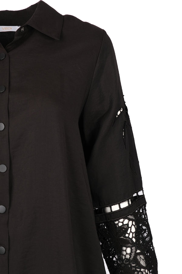 Vedi Oversize Dantelli Uzun Kol Gömlek - Minimalist Tarz