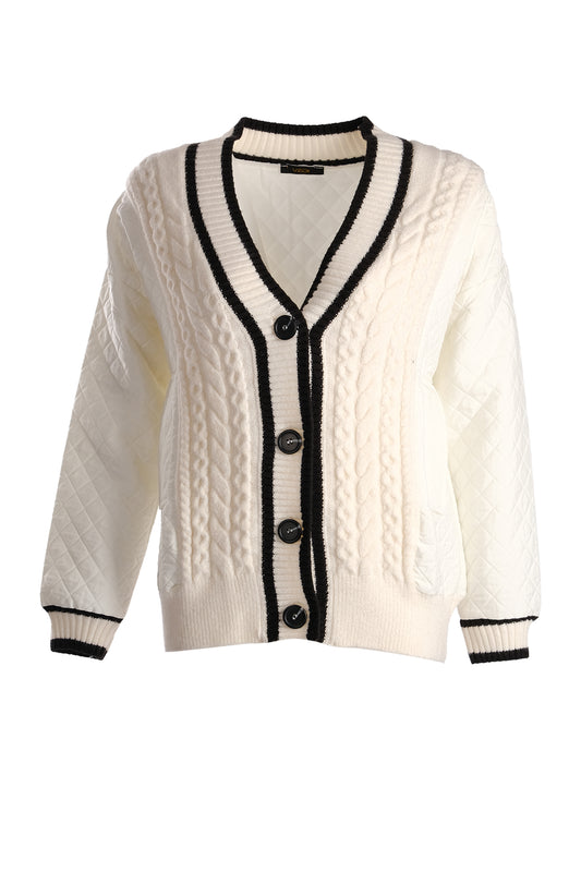 Vedi Oversize V-Neck Embossed Women's Cardigan - Casual & Chic