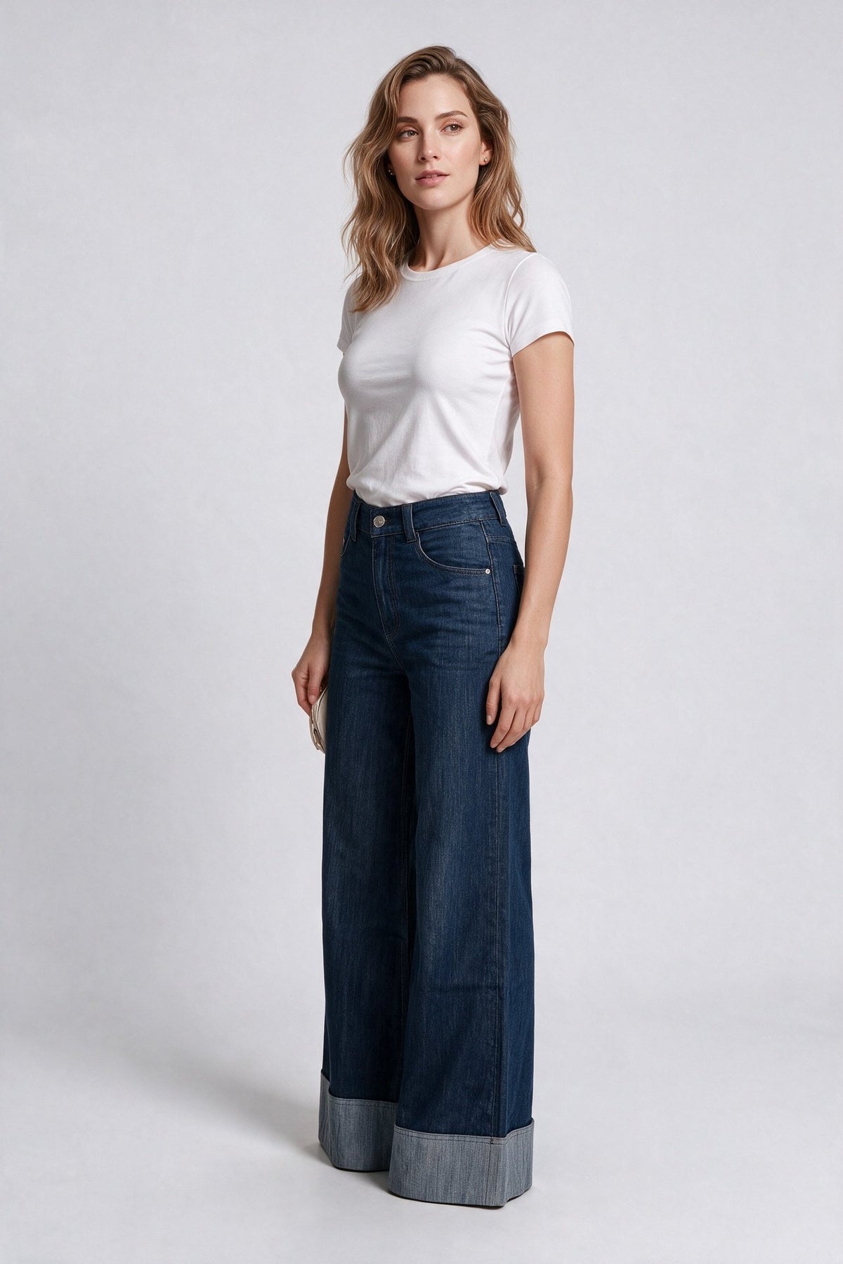 Vedi Kadın Yüksek Bel Geniş Paça Katlamalı Paça Denim Jean Pantolon