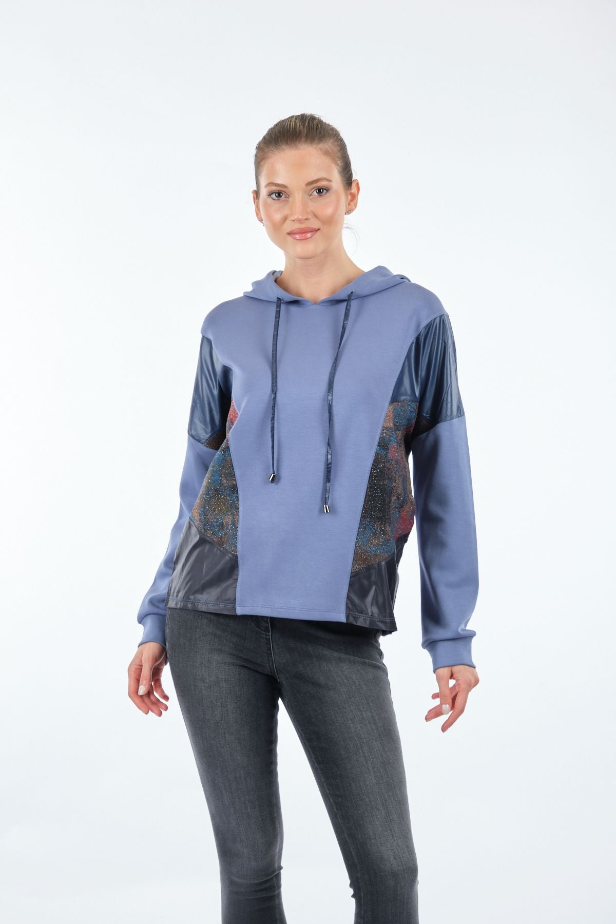 Vedi Oversize Kapüşonlu Kadın Sweatshirt - Deri Detaylı Günlük Main image