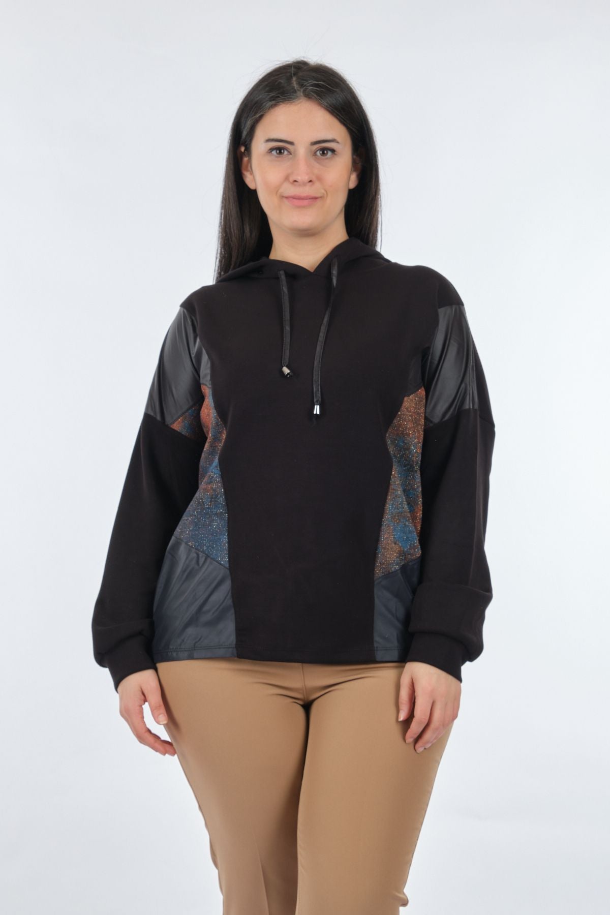 Vedi Oversize Kapüşonlu Kadın Sweatshirt - Deri Detaylı Günlük Secondary image