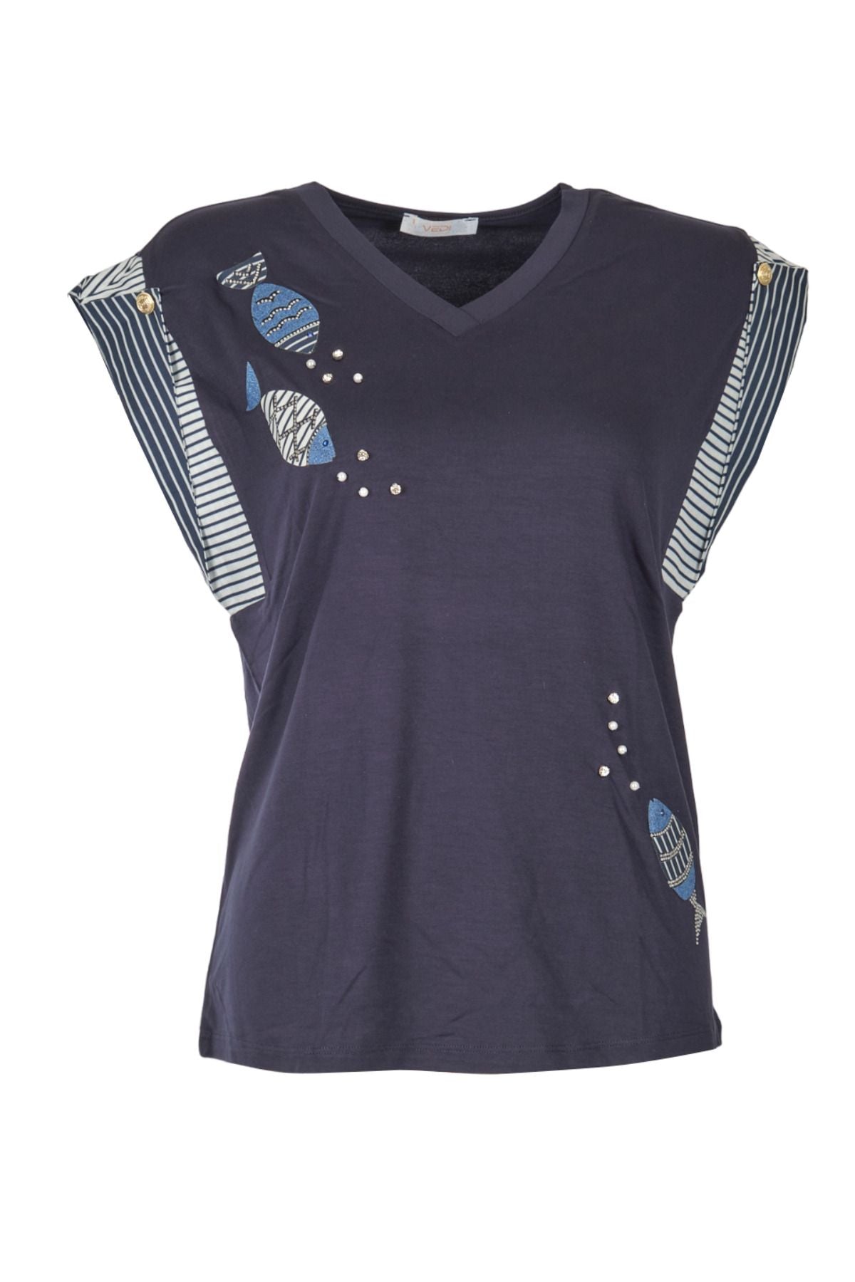Vedi Minimalist V Yaka Kadın T-Shirt - Balık Desenli - Kısa Kol Main image