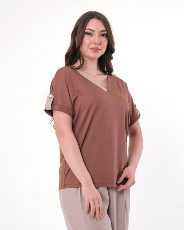 Vedi Oversize V Yaka Kadın T-Shirt - Minimalist Günlük