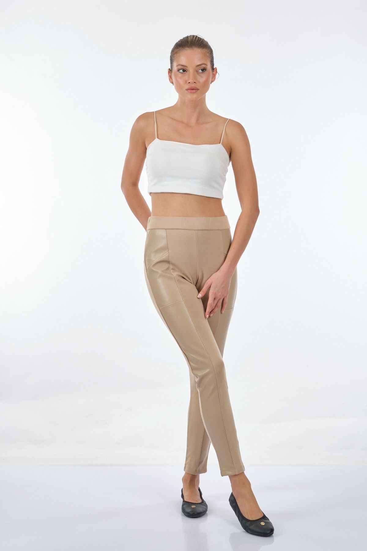 Vedi Minimalist Deri Detaylı Slim Fit Kadın Tayt - Günlük Stil Secondary image
