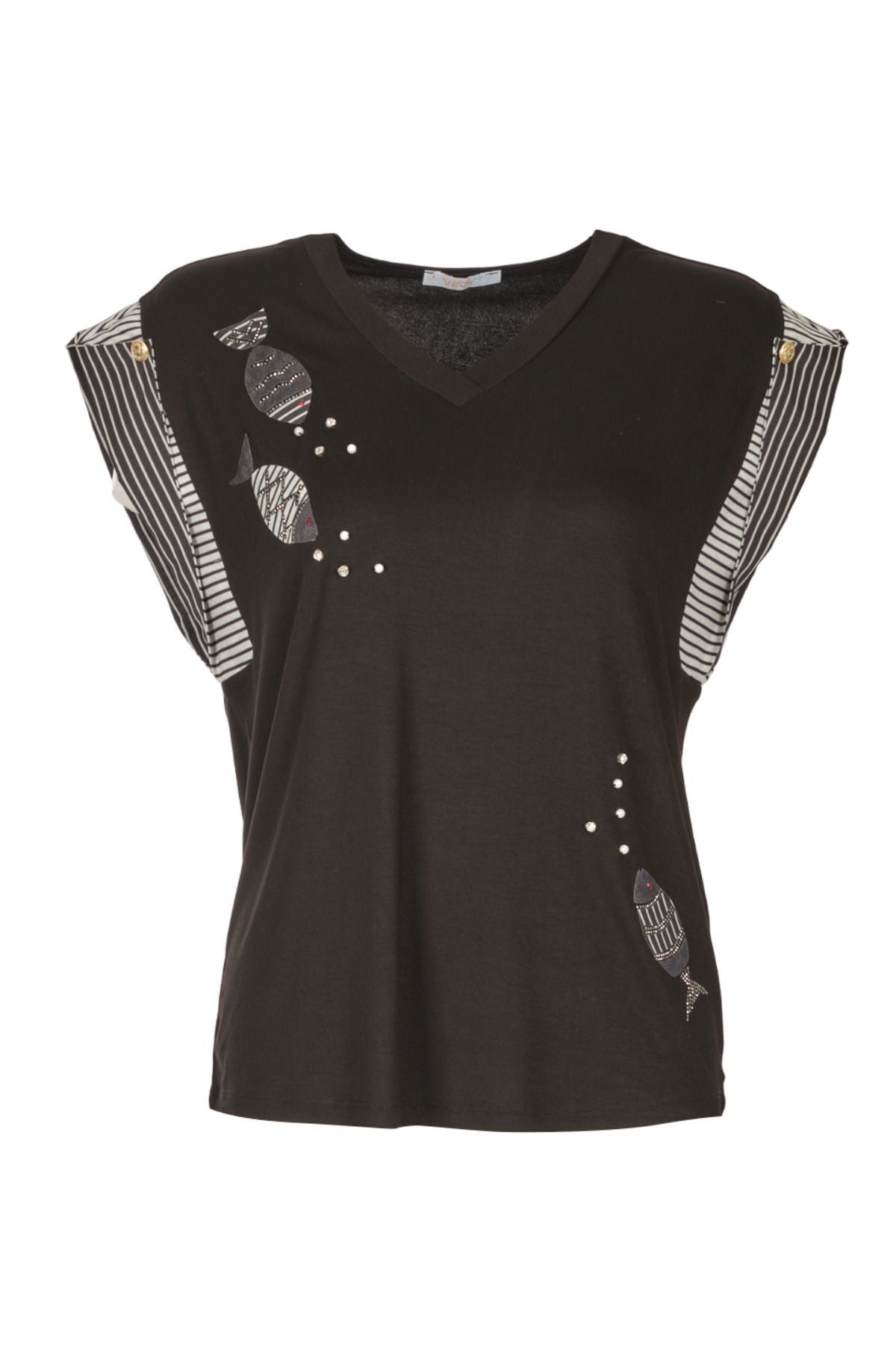Vedi Minimalist V Yaka Kadın T-Shirt - Balık Desenli - Kısa Kol