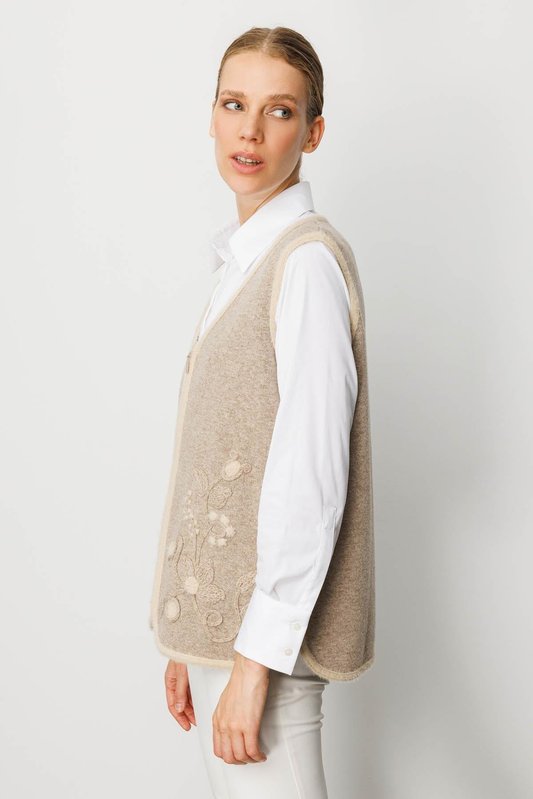 Women's V-Neck Wool Vest with Leaf and Flower Pattern on the Front