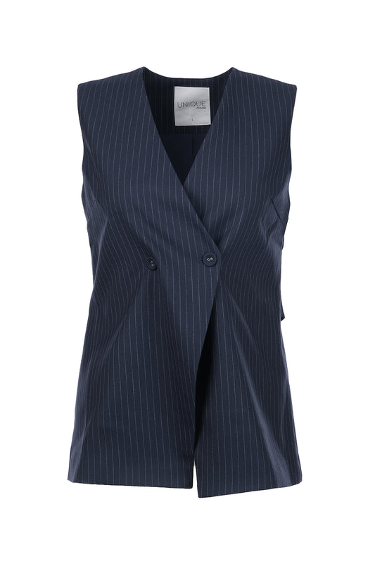 Unique Mode Minimalist V Yaka Kolsuz Midi Yelek - Çizgili