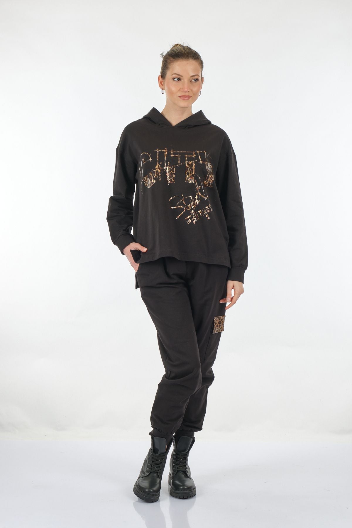 Ysatis Oversize Kapüşonlu Sweatshirt Takım - Leopar Desenli - Günlük Main image
