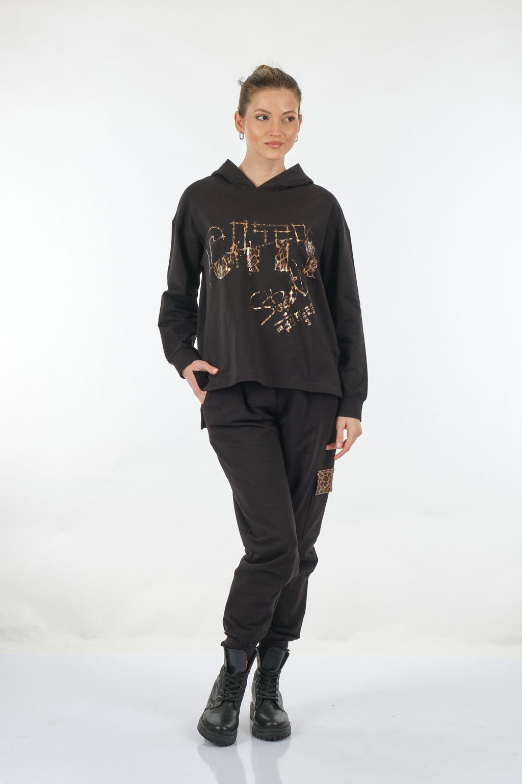 Ysatis Oversize Kapüşonlu Sweatshirt Takım - Leopar Desenli - Günlük
