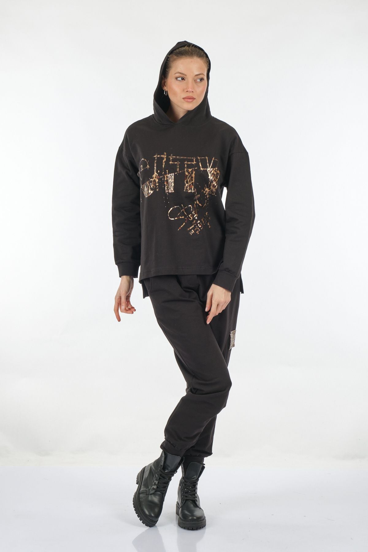 Ysatis Oversize Kapüşonlu Sweatshirt Takım - Leopar Desenli - Günlük