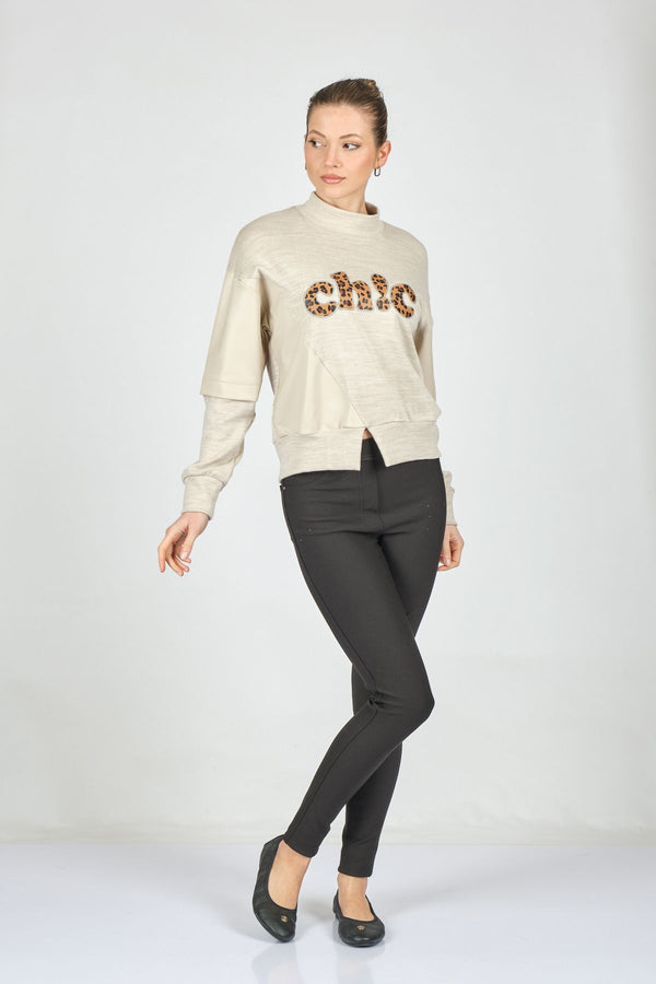Ysatis Minimalist Leopar Desenli Oversize Uzun Kol Crop Kadın Bluz