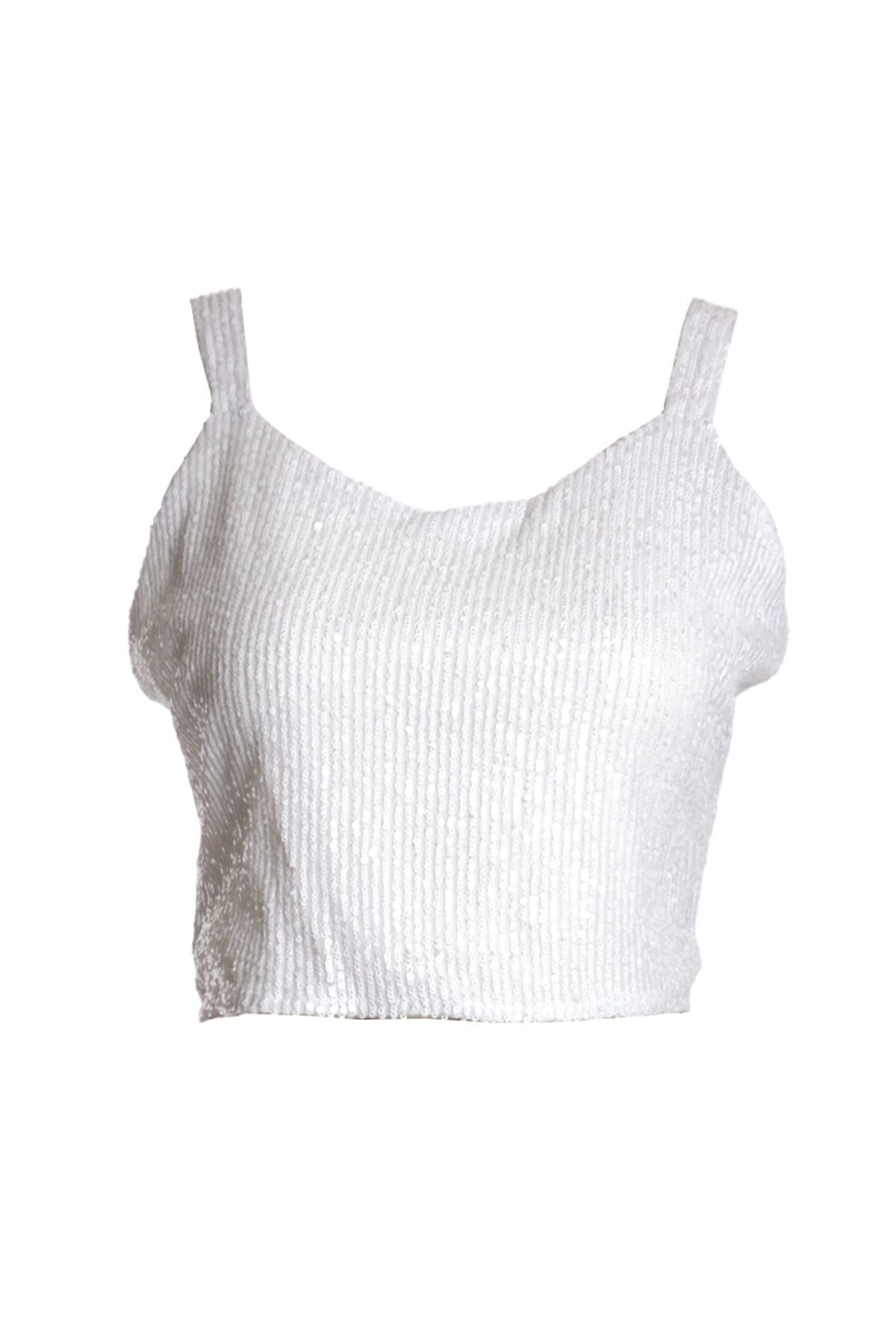 Ysatis Sırtı Açık Pullu Crop Bluz - Minimalist Tasarım - Parti