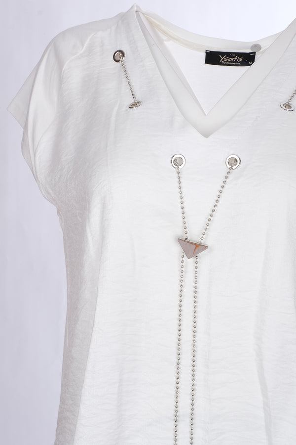 Ysatis Minimalist V Yaka Oversize Kadın Bluz - Kısa Kol