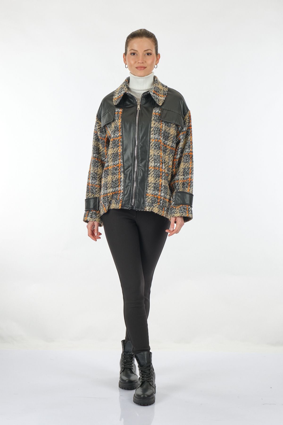 Ysatis Oversize Kareli Kazak Ceket - Deri Detaylı - Sonbahar Kış Main image