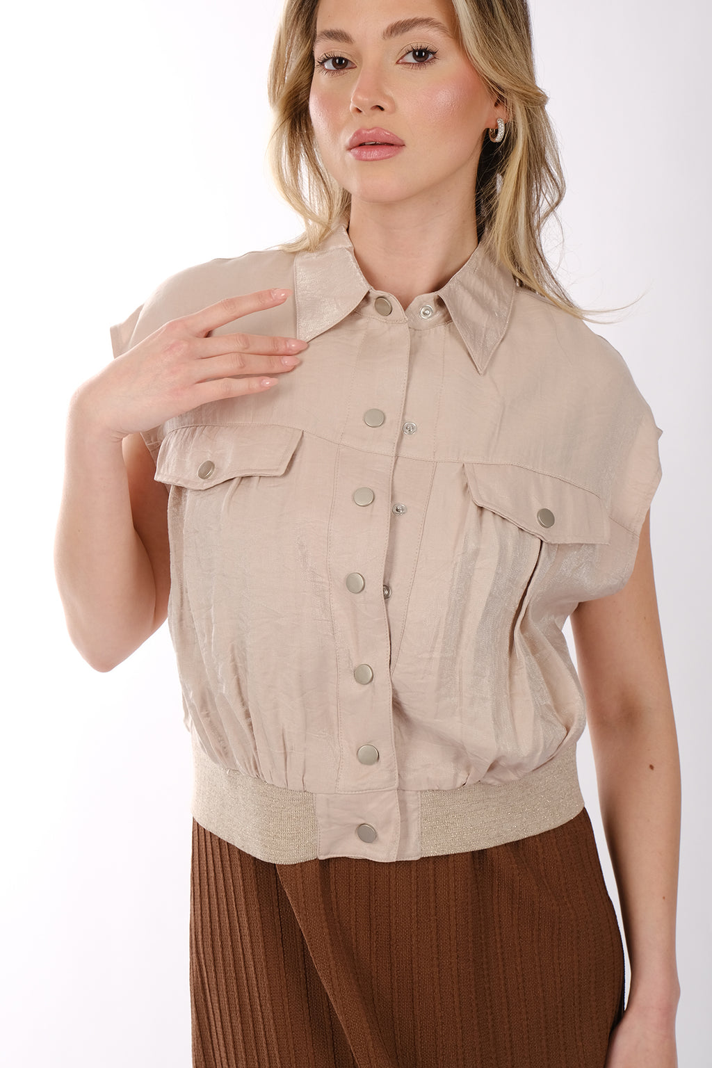 Ysatis Minimalist Kolsuz Crop Yelek - Gömlek Yaka