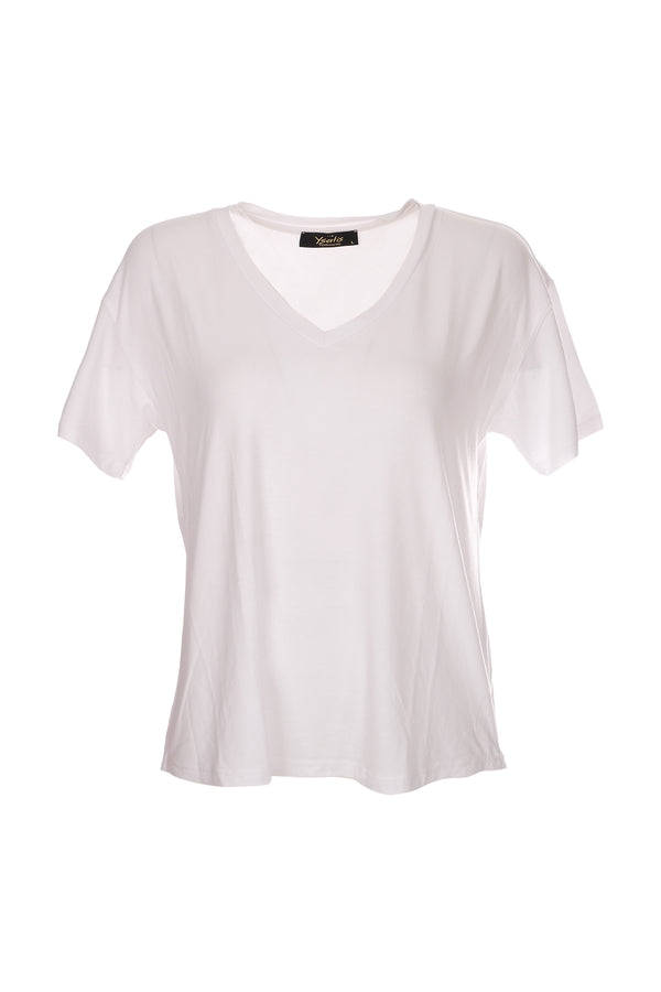 Ysatis V Yaka Oversize Minimalist Kadın Bluz - Kısa Kol - Günlük
